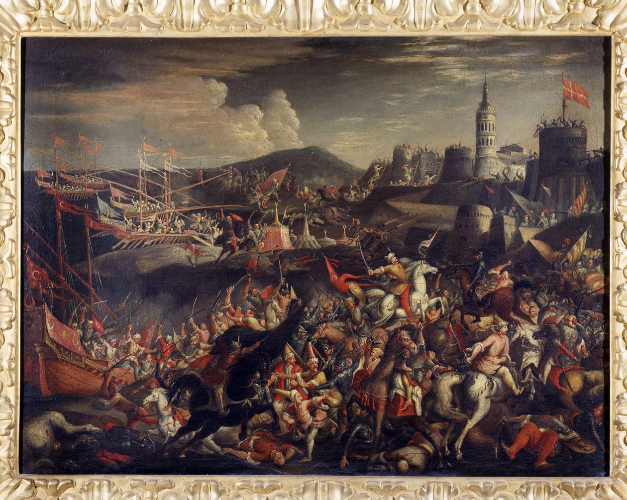Ataque dos sarracenos na Ilha de Malta, defendido pelos cavaleiros hospitalares em 1565 de Italian School