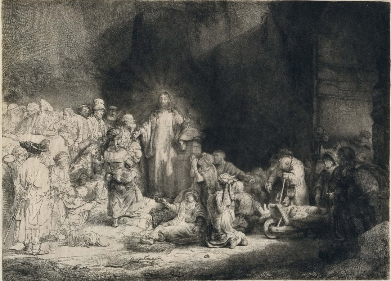 Cristo com os enfermos ao seu redor, recebendo crianças pequenas (a &39;gravura dos cem florins&39;) de Rembrandt van Rijn