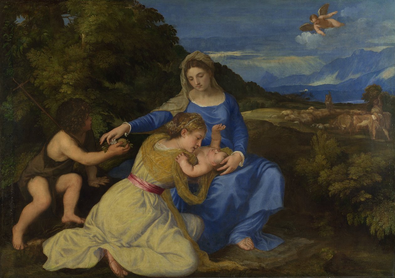 A Virgem e o Menino com o Menino São João e uma Santa ou Doadora (&39;A Madona Aldobrandini&39;) de Tiziano Vecelli