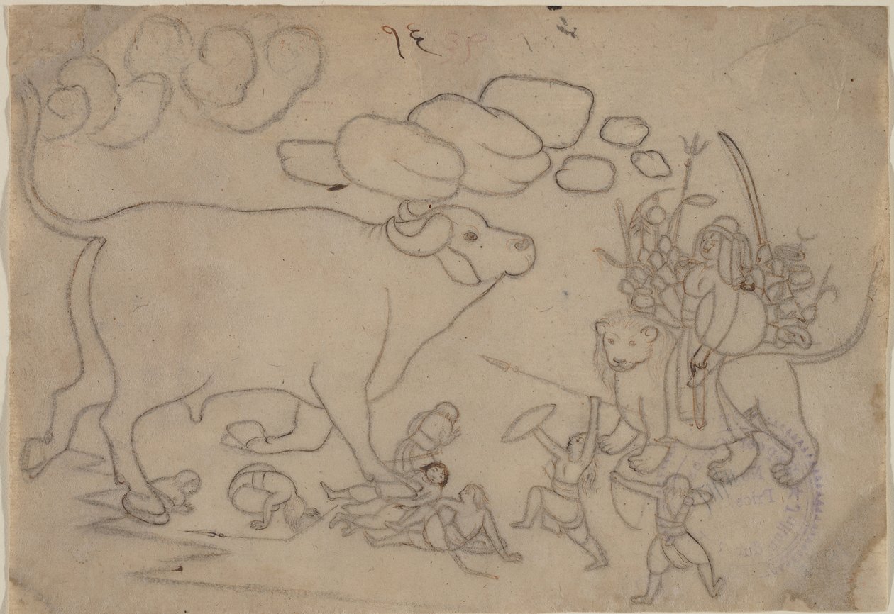 Durga confronta o Buffalo Demon Mahisha: cena do Devi Mahatmya, Ka. 1780. de a first generation master after Nainsukh