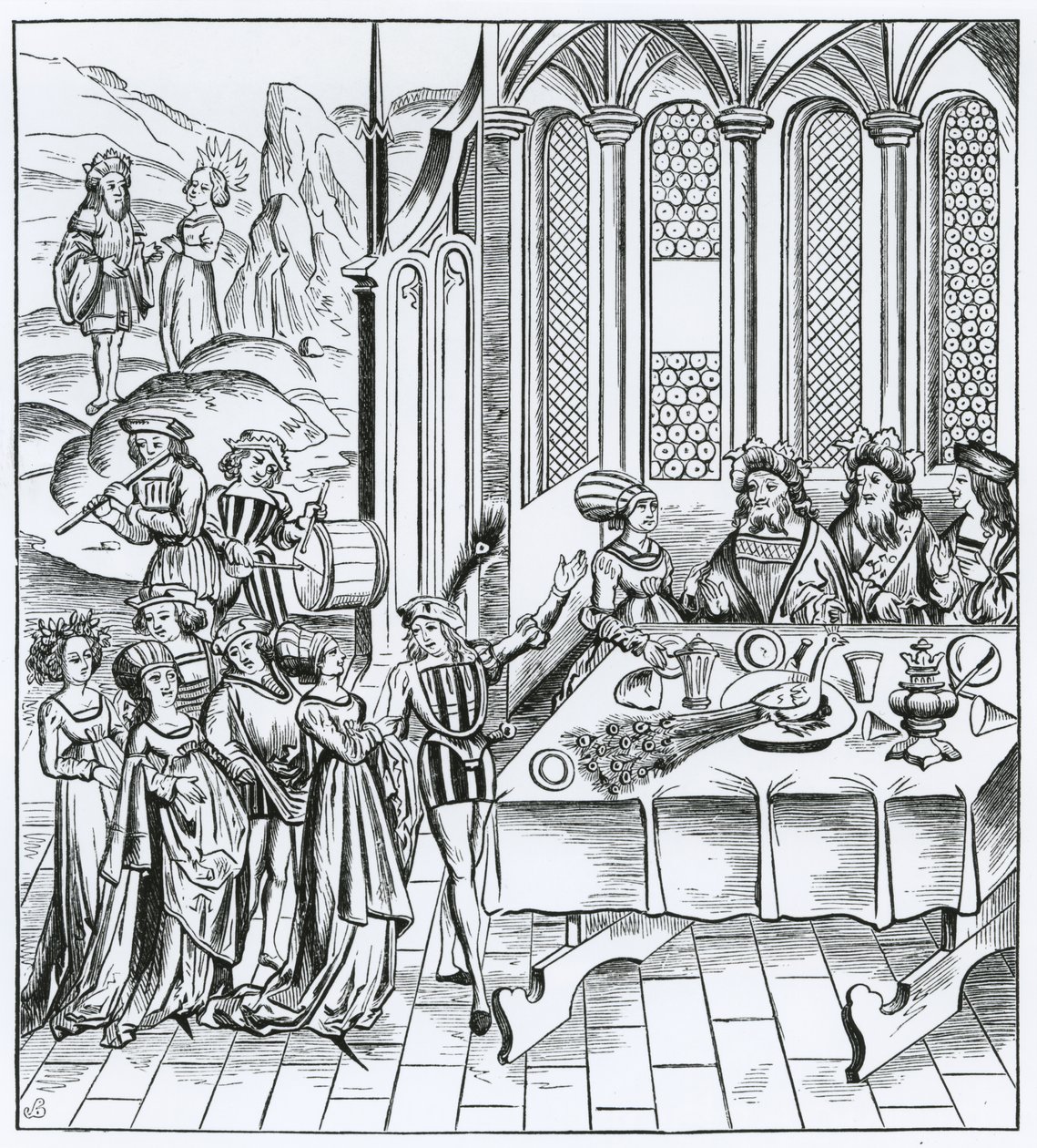 Banquete estatal - servindo o pavão, depois de uma xilogravura em uma edição de Virgílio, publicou Lyons, 1517 de French School