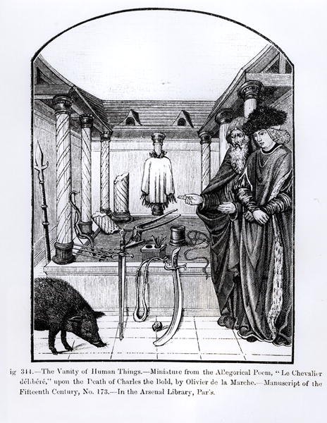 A Vaidade das Coisas Humanas, de Le Chevalier delibere, um poema alegórico de Olivier de la Marche sobre a morte de Charles the Bold (1433-77) ilustração da Science and Literature in the Middle de French School