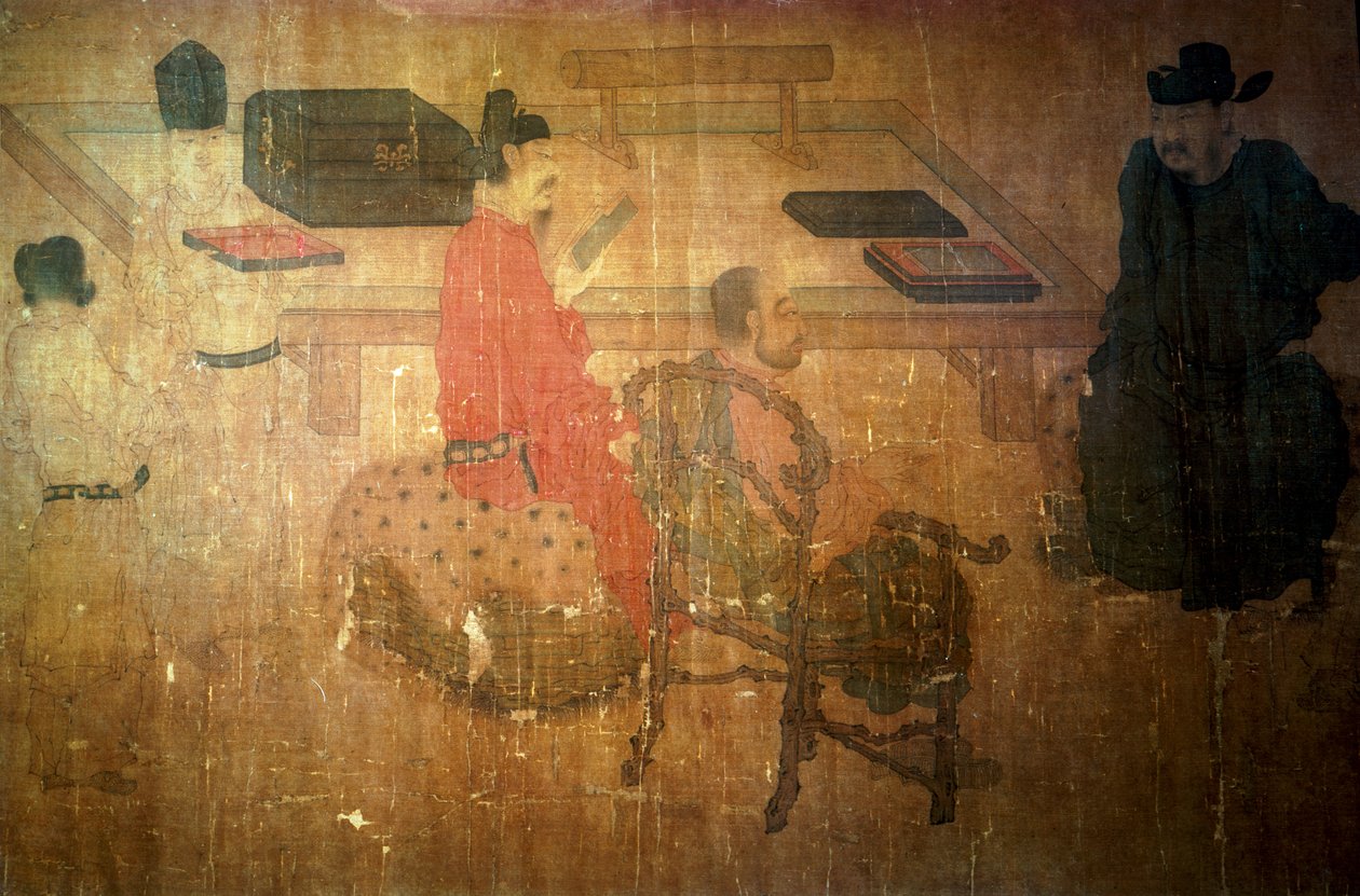 Três homens bem-lidos de Lieou-Li Tang na conversa de after Zhou Wenju
