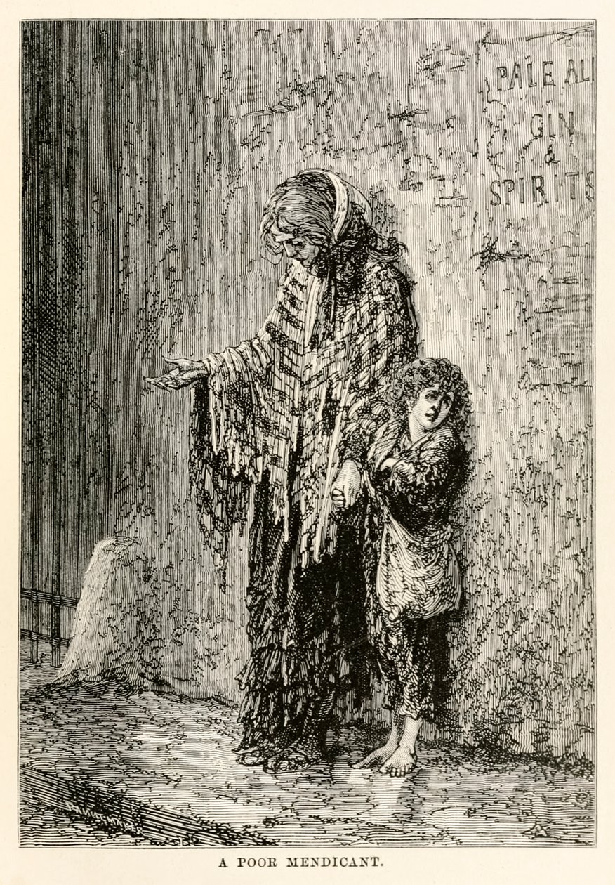 Um pobre mendicante, de todo o mundo em oitenta dias por Jules Verne (1828-1905), gravado por Louis Dumont (n.1822) 1873 de after Alphonse Marie de Neuville