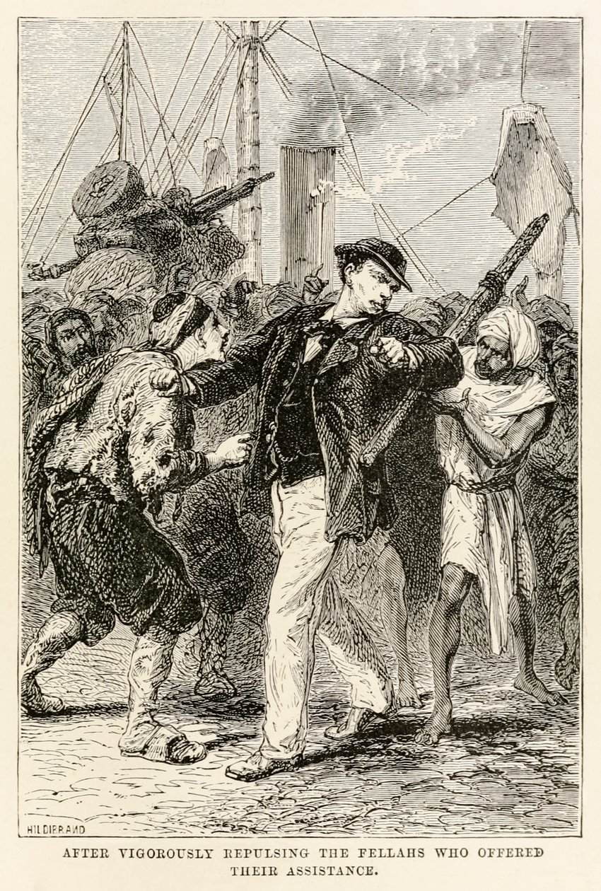 Depois de repelir vigorosamente os fellahs que ofereceram sua assistência, de Volta ao Mundo em Oitenta Dias, de Jules Verne (1828-1905), gravada por Henri-Théophile Hildebrand (1824-1897) 1873 (gravura de after Alphonse Marie de Neuville