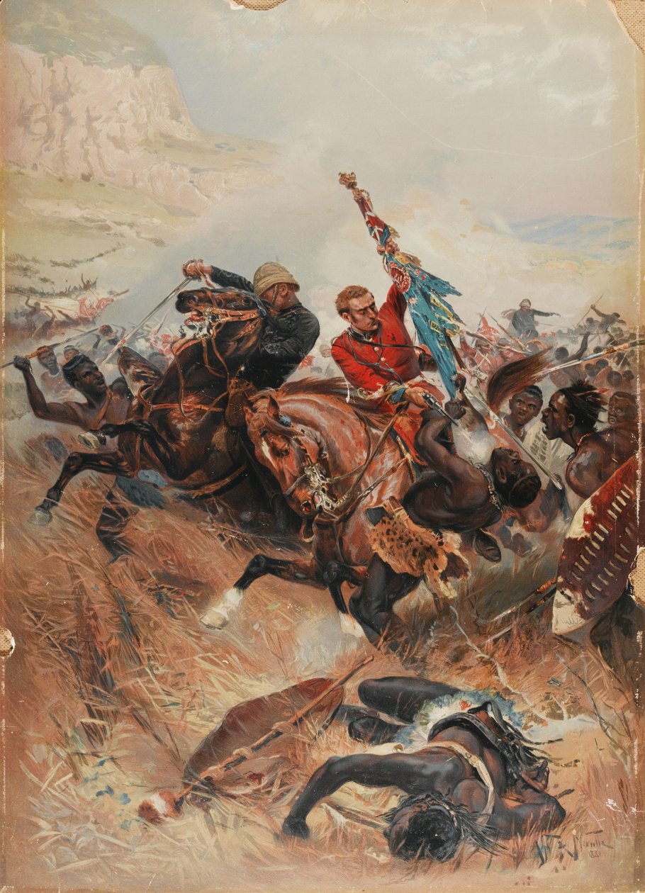 Tenentes Melville e Coghill Salvando as Cores, Guerra Zulu de 1879, 1881 (chromolitho) de after Alphonse Marie de Neuville