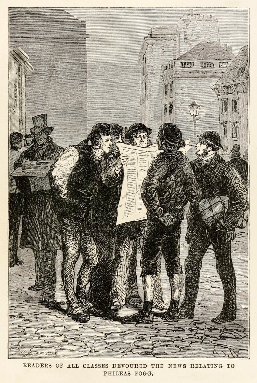 Leitores de todas as classes devoraram as notícias relativas a Phileas Fogg, de Volta ao Mundo em Oitenta Dias, de Jules Verne (1828-1905), gravada por Louis Dumont (n.1822). de after Alphonse Marie de Neuville