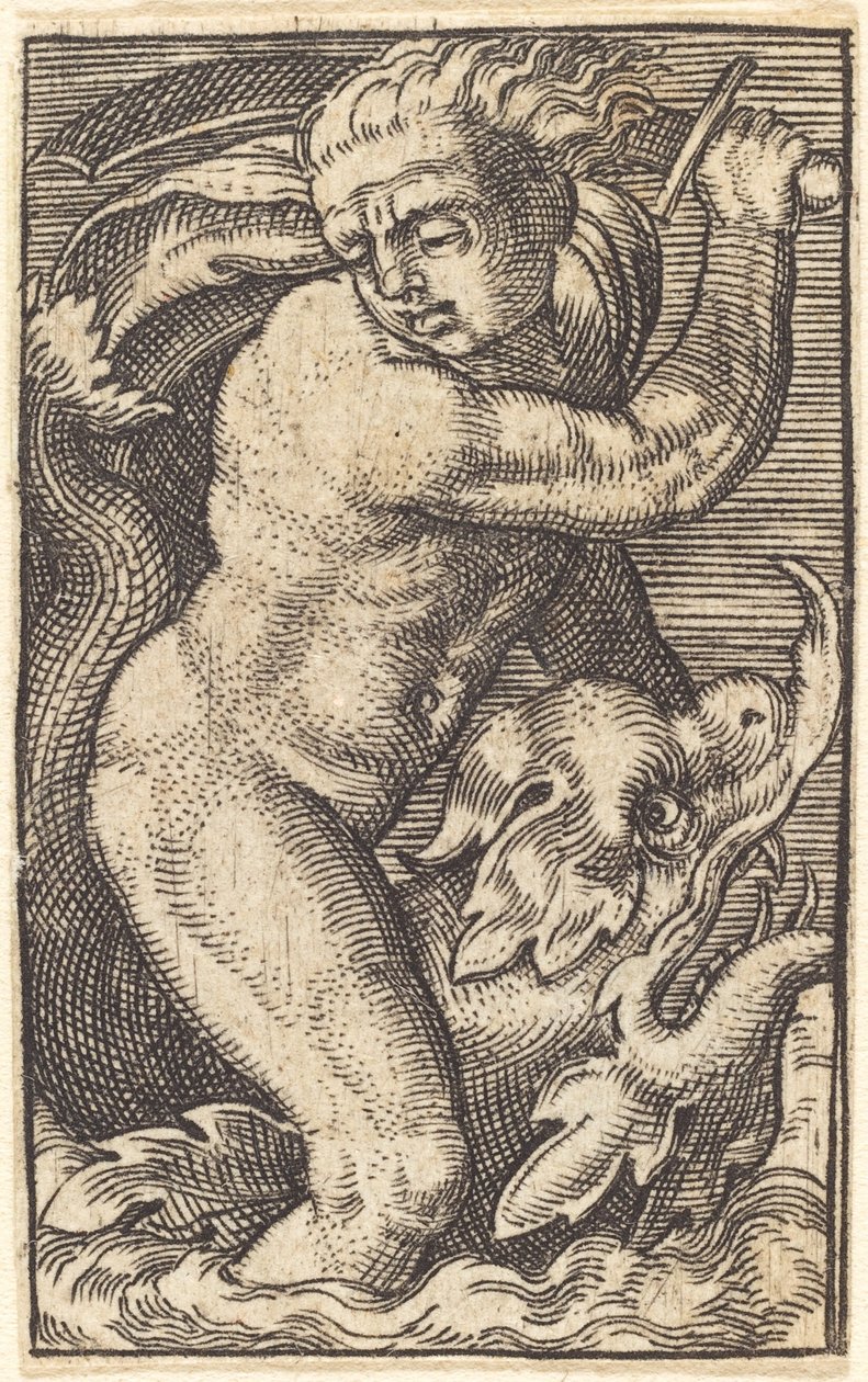 Cópia ao contrário de "Sea-God to the Left Riding on a Dolphin" de after Barthel Beham