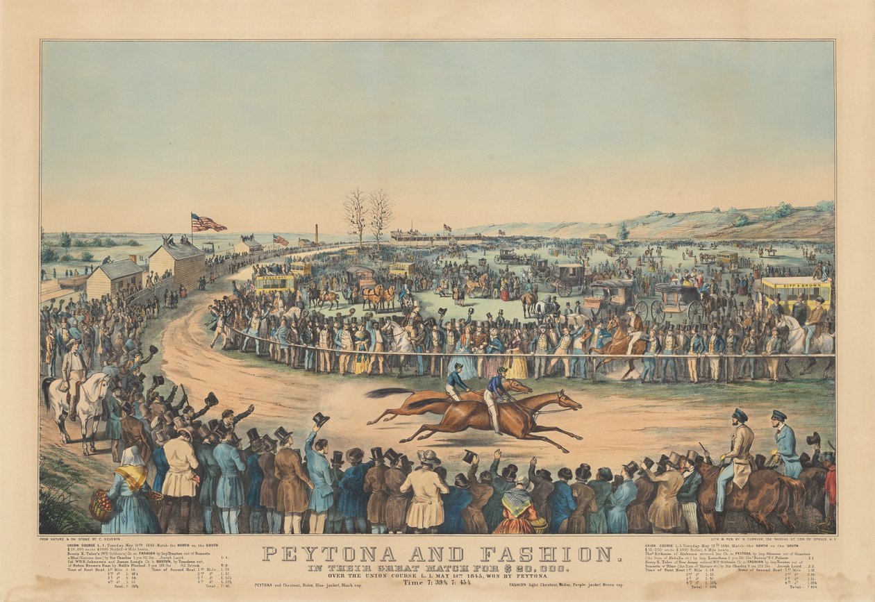 Peytona e moda: em sua grande partida por US $ 20.000. Curso Sobre a União L.I. 13 de maio. 1845, ganho por Peytona. Horário 7:39 3/4, 7:45 1/4 de after Charles Severin