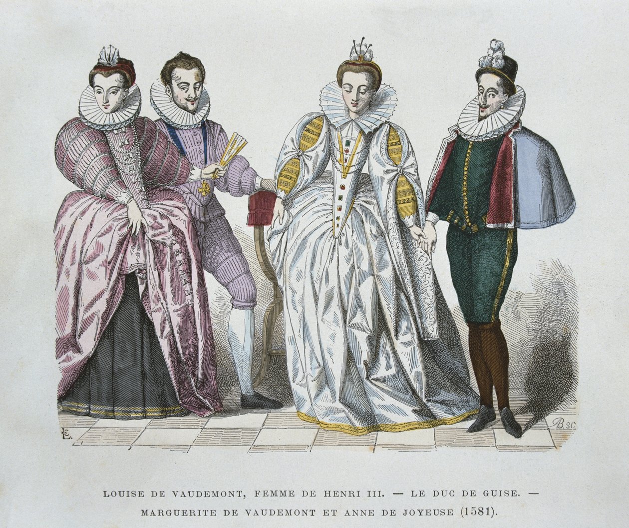 Louise de Lorraine-Vaudemont (1553-1601), esposa de Henri III, Duque de Guise (1549-88), Marguerite de Vaudemont (1564-1625) e Anne de Joyeuse (1561-87) de after Chevignard