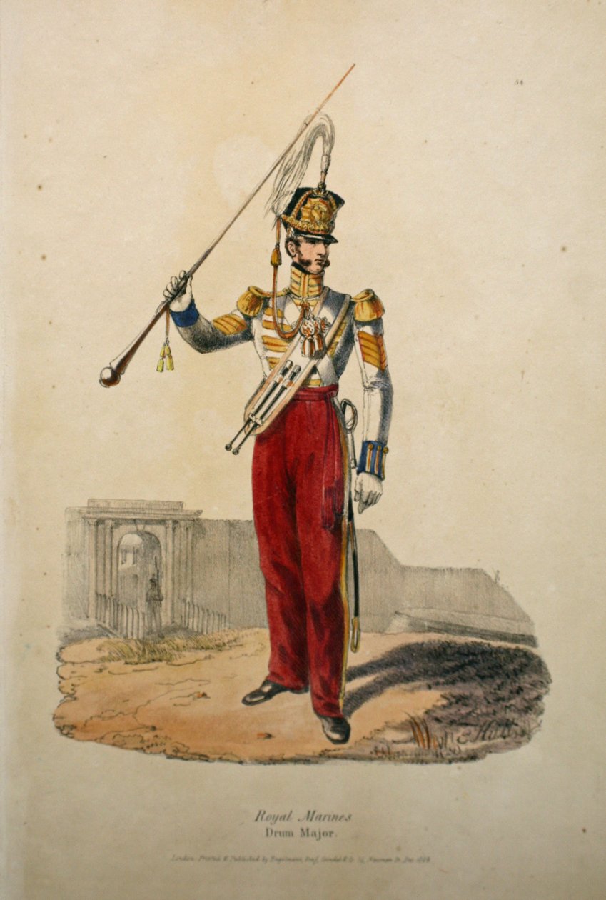 Royal Marines Drum Major, c.1829 (litho colorido à mão) de after Edward Hull