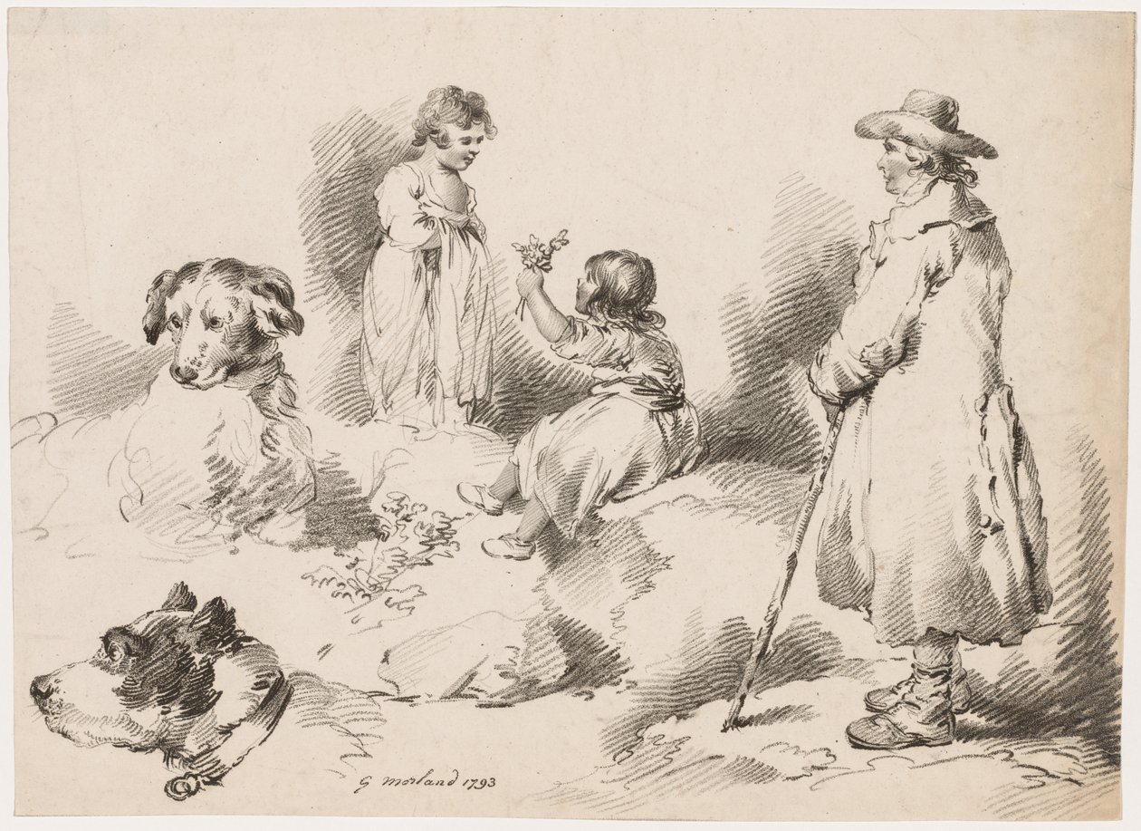 Estudos de Crianças (Duas Meninas); Dois cachorros; Um homem de after George Morland