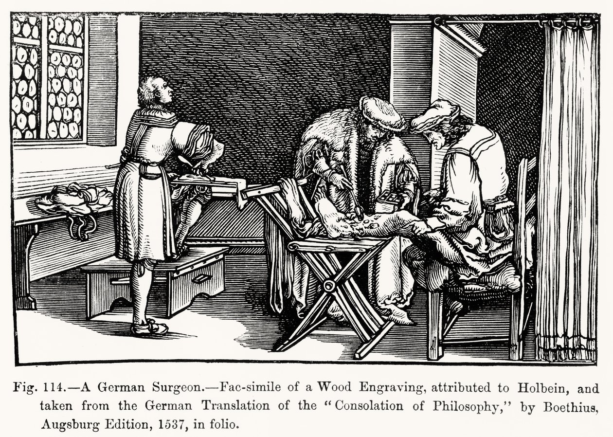 Cirurgião Alemão, da Consolação da Filosofia de Boécio, ilustração da Ciência e Literatura da Idade Média e da Renascença, escrito e gravado por Paul Lacroix, 1878 (bw ph de after German School