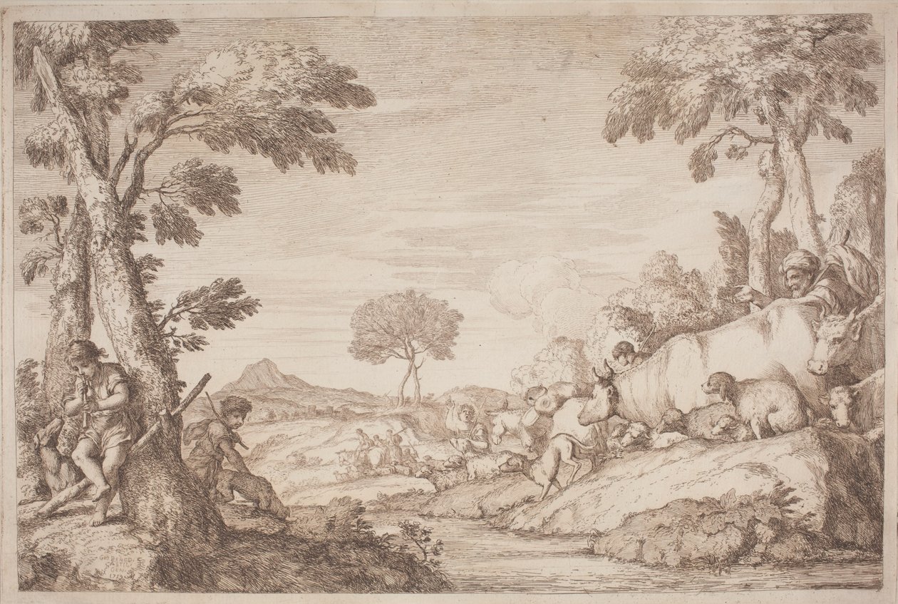 Uma viagem pastoral com um menino tocando sua flauta perto de uma árvore de after Giovanni Benedetto Castiglione Gaetano Zompini