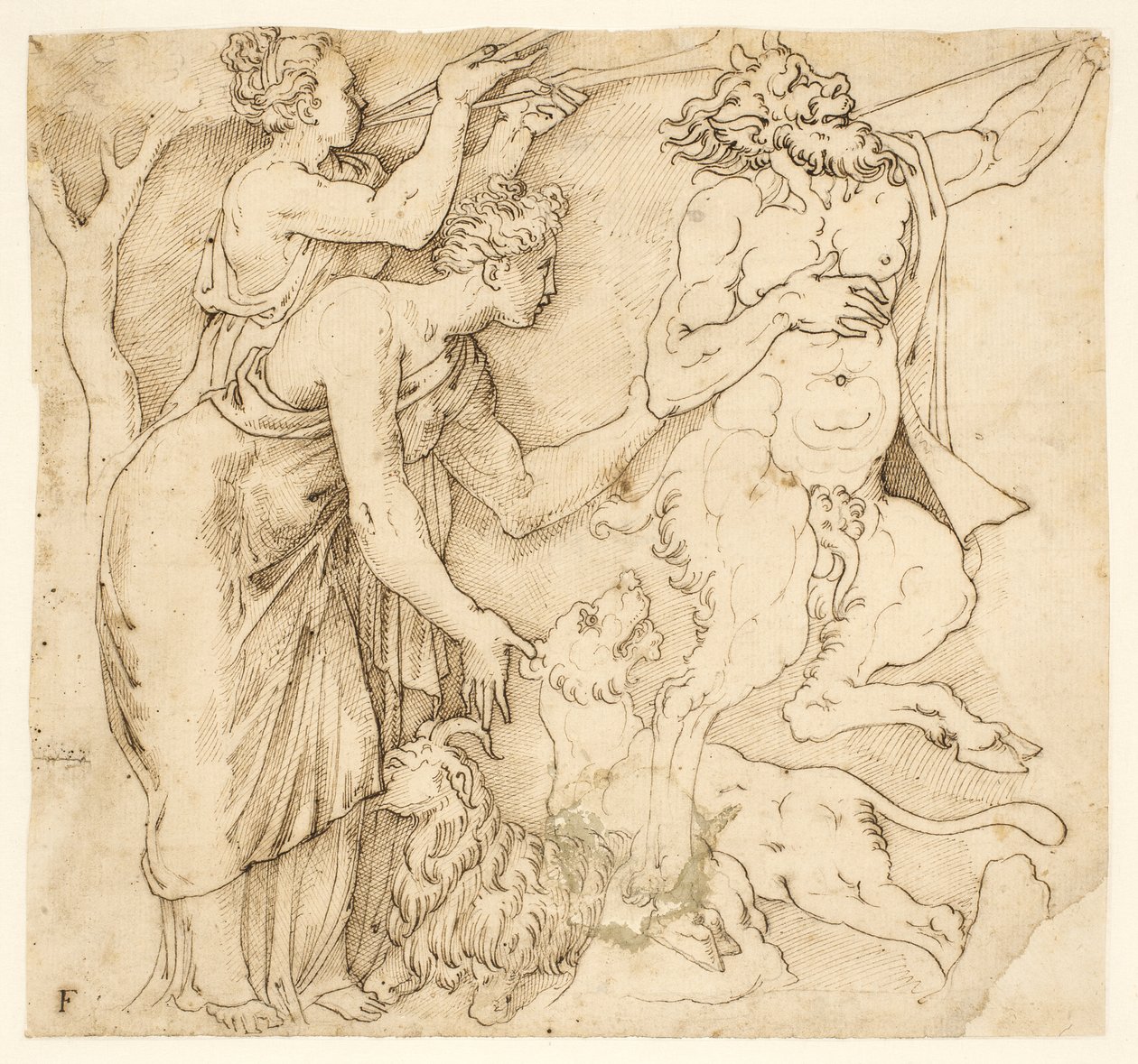 Um sátiro, duas mulheres, um leão e uma cabra de after Giulio Romano