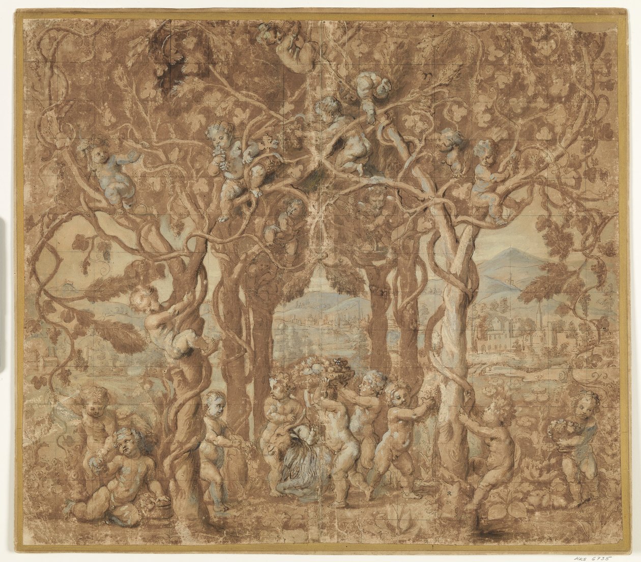 Putti colhendo vinho e brincando com um bode de after Giulio Romano