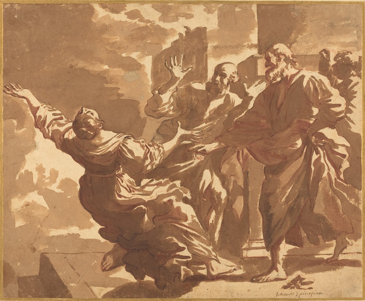 A Morte de Safira de after Guercino Follower of Jan de Bisschop