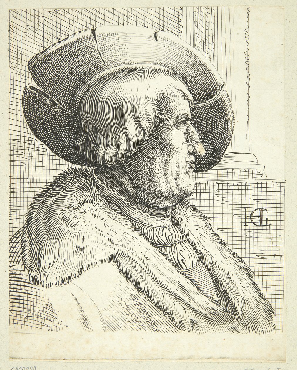 Retrato de fantasia de velho com chapéu no perfil de after Hendrick Goltzius
