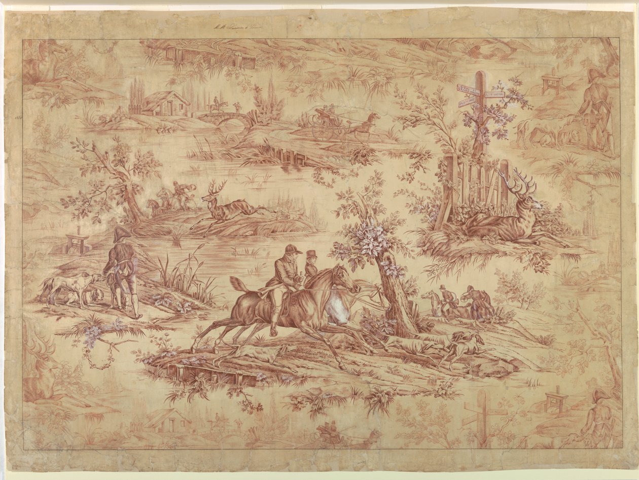 Caricatura para Têxtil Impresso em Algodão, La Route de Jouy de after Horace Vernet