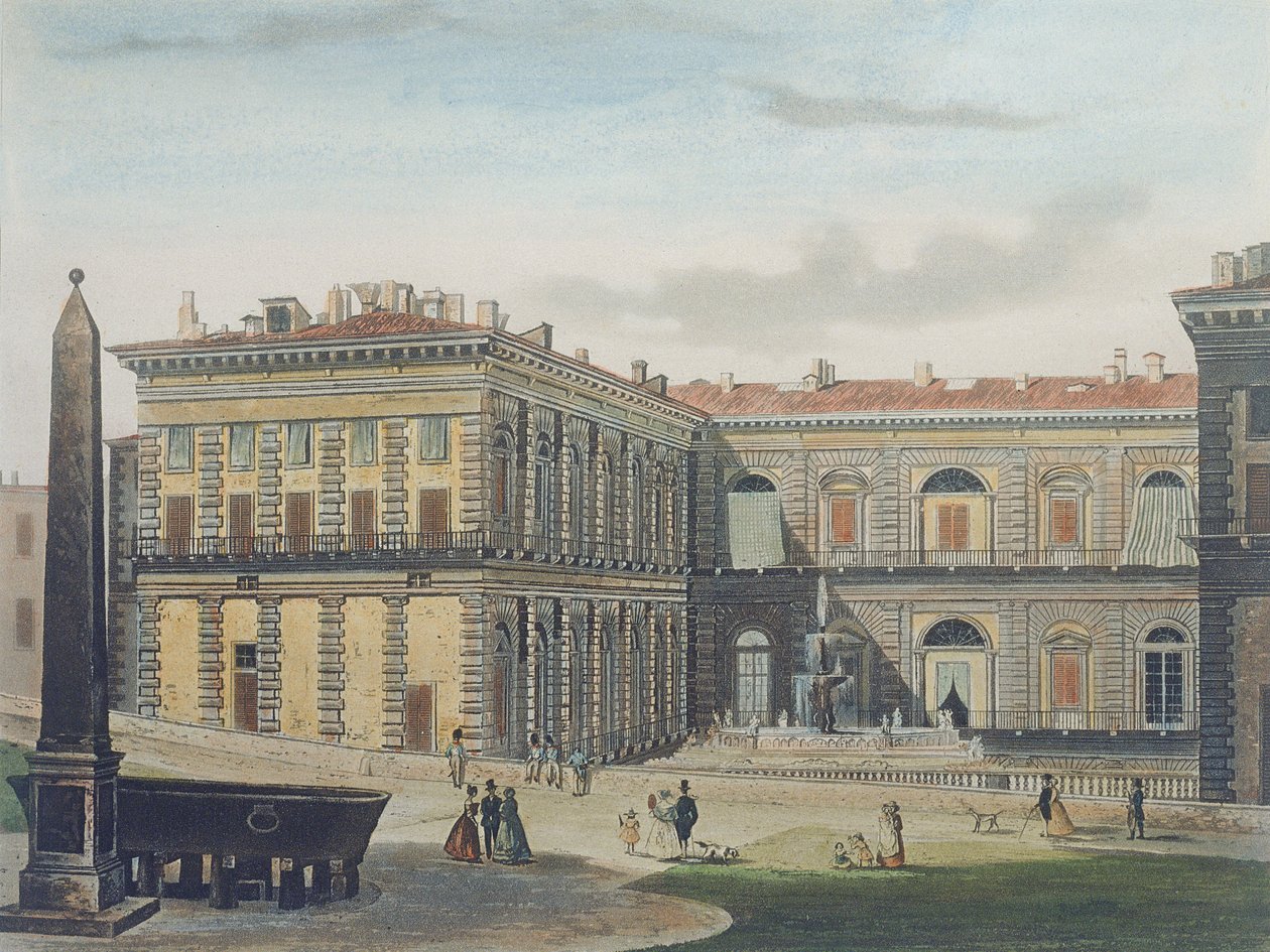 Pátio interno do Palazzo Pitti, Florença, gravado por Johann Falkeisen (1804-83) e colorido por L. Cherbuin, c.1842 (aquatint) de after Italian School