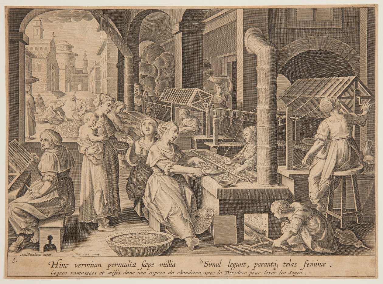 Desenrolando os casulos de seda de after Jan van der Straet, called Stradanus