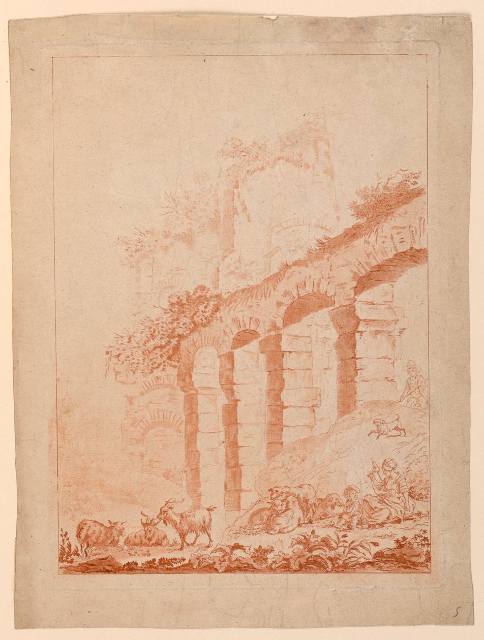 Cabritos na paisagem com ruínas de after Jean Baptiste Huet