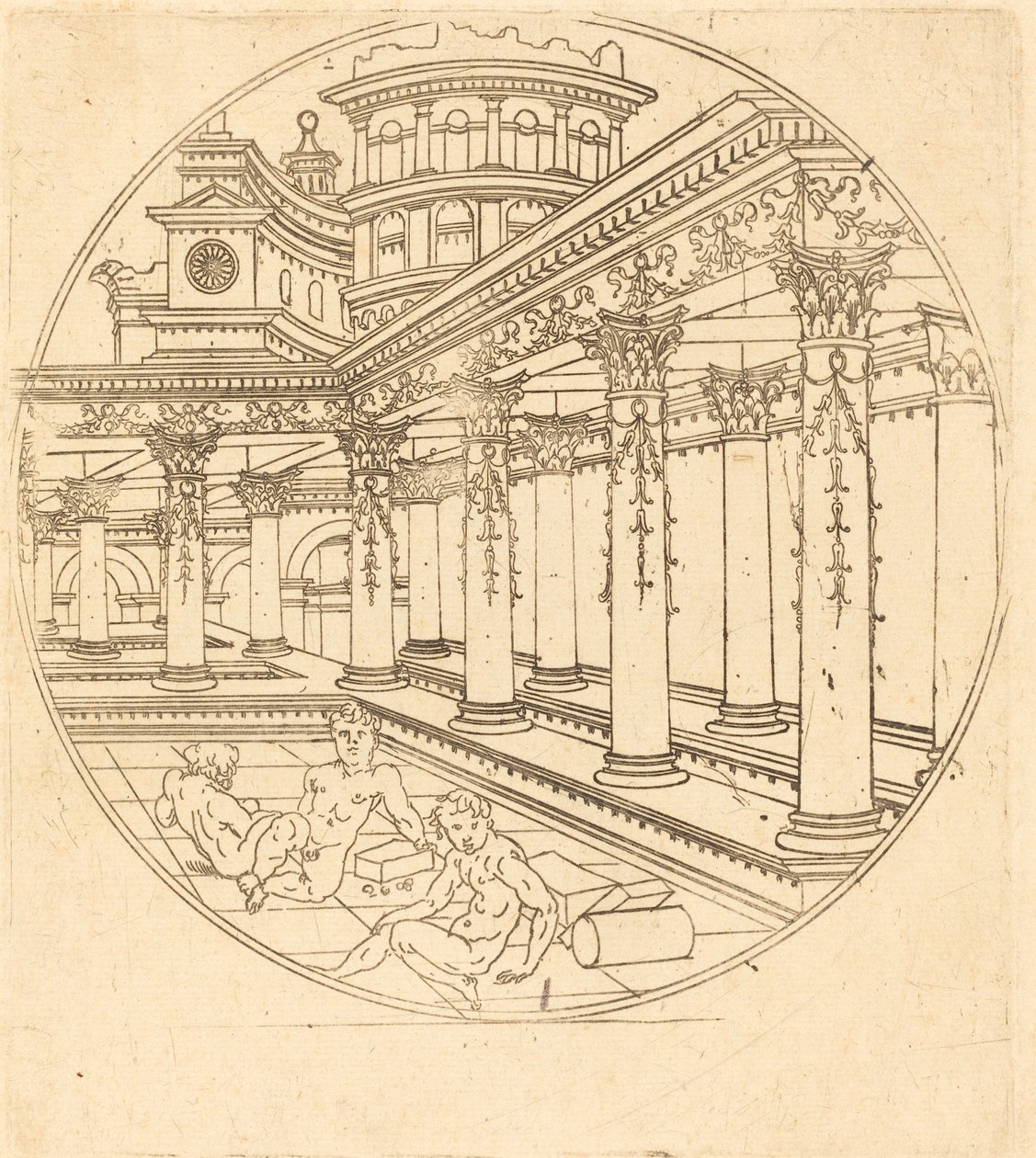 Três figuras em uma galeria de after Jean de Gourmont I