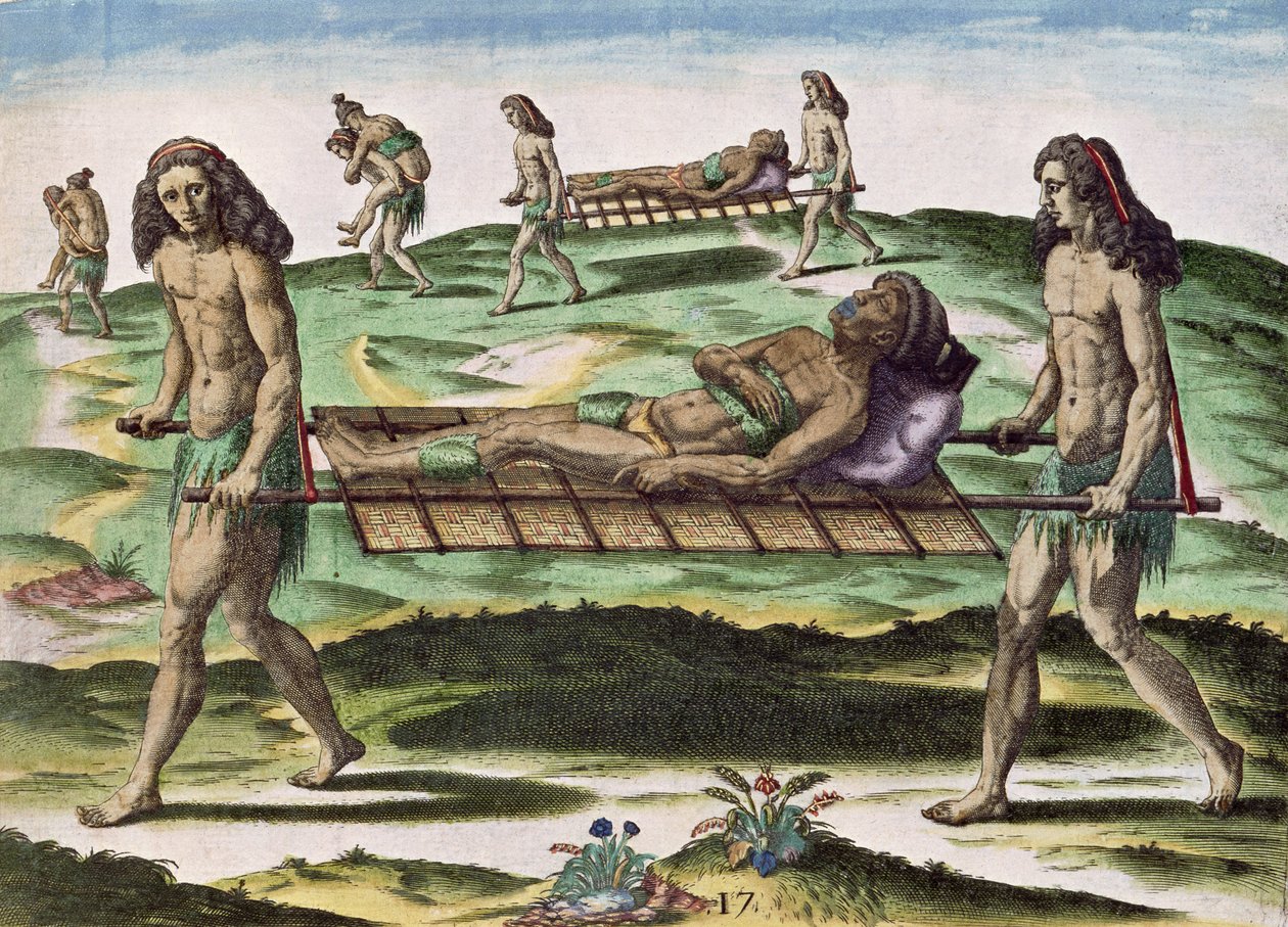 Hermafroditas Transportando o Ferido, de &39;Brevis Narratio ...&39;, publicado por Theodore de Bry, 1591 de after Le Moyne, J.Bry
