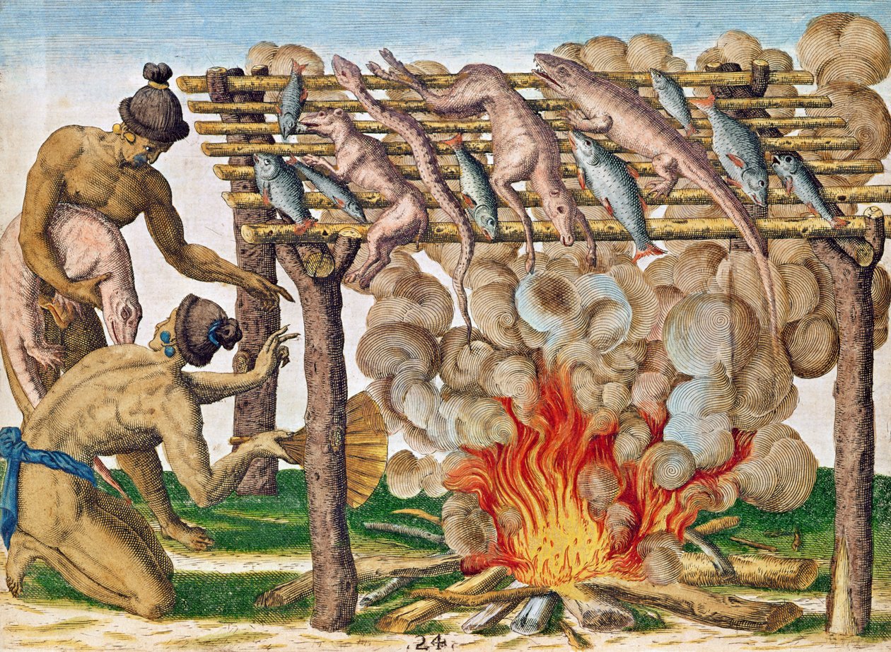 Como grelhar animais, de &39;Brevis Narratio ...&39;, publicado por Theodore de Bry, 1591 de after Le Moyne, J.Bry