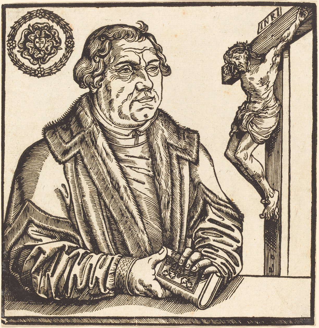 Martinho Lutero, meio comprimento à esquerda com um livro nas mãos de after Lucas Cranach the Younger
