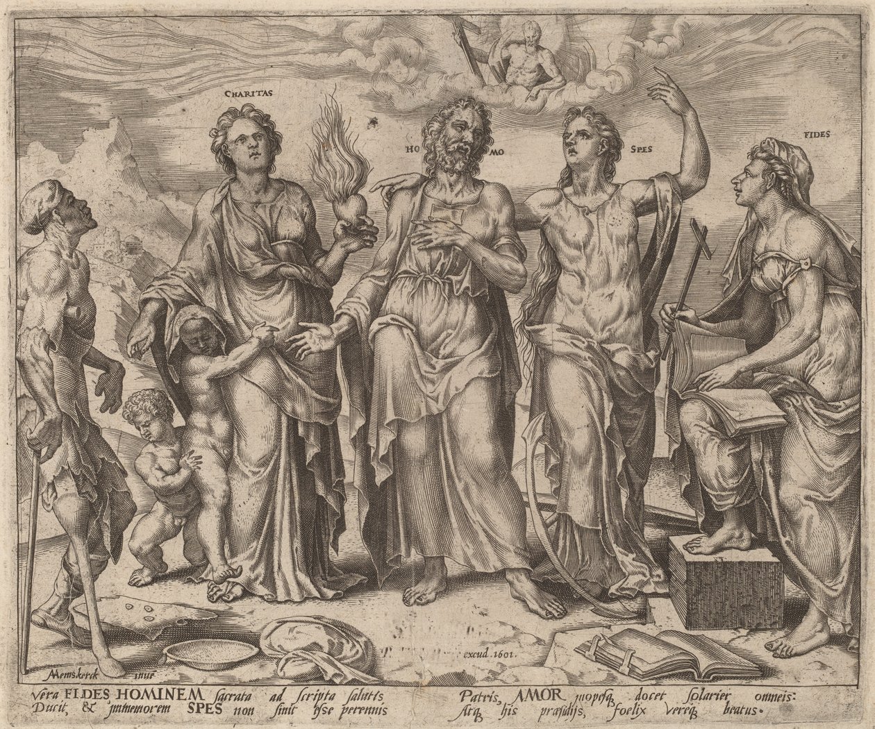 Homem assistido pela fé, esperança e caridade de after Maerten van Heemskerck