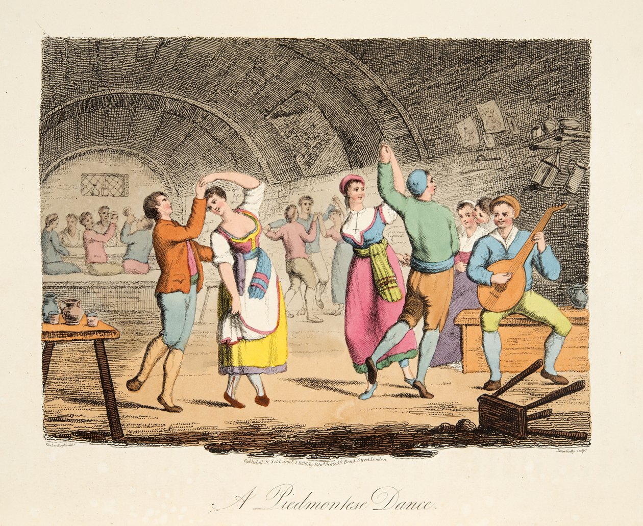 Uma dança piemontesa, do cenário italiano, representando os costumes, costumes e diversões dos diferentes estados da Itália, pub. 1806 (gravura colorida à mão) de after P. van Lerberghi