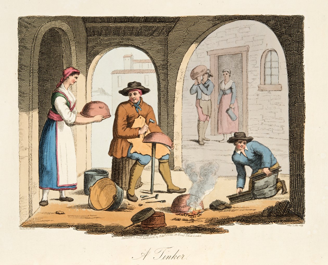 A Travelling Tinker, do cenário italiano, representando as maneiras, costumes e diversões dos diferentes estados da Itália, pub. 1806 (gravura colorida à mão) de after P. van Lerberghi
