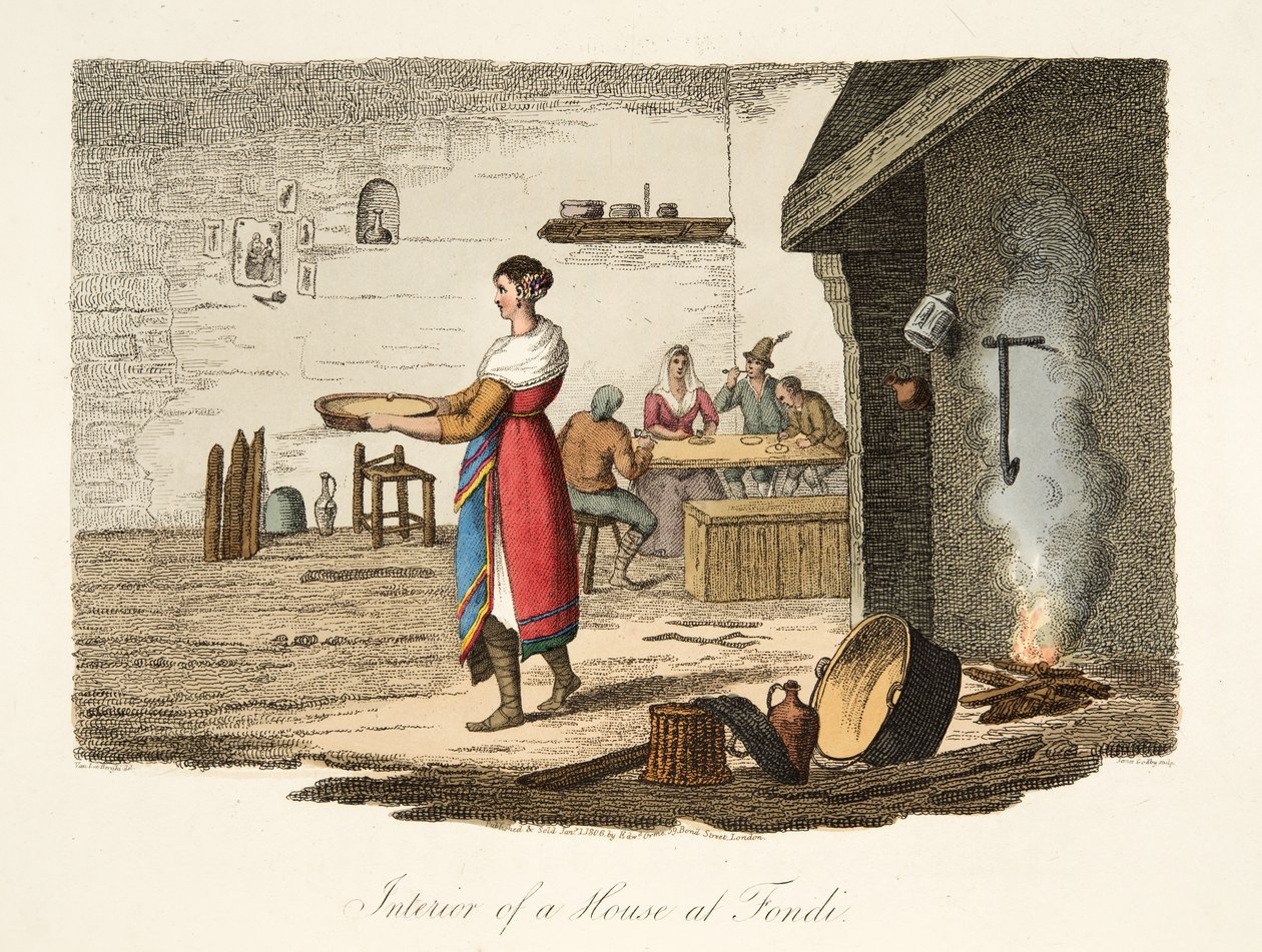 Interior de uma casa em Fondi, do cenário italiano, representando as maneiras, costumes e divertimentos dos estados diferentes de Italy, bar. 1806 (gravura colorida à mão) de after P. van Lerberghi
