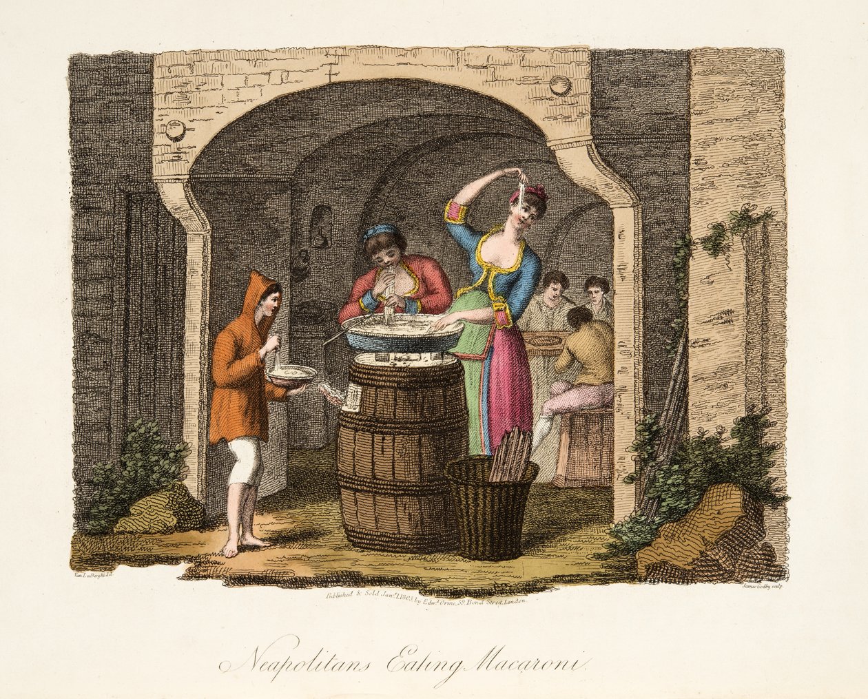 Neapolitans Eating Macaroni, do cenário italiano, representando as maneiras, costumes e diversões dos diferentes estados da Itália, pub. 1806 (gravura colorida à mão) de after P. van Lerberghi