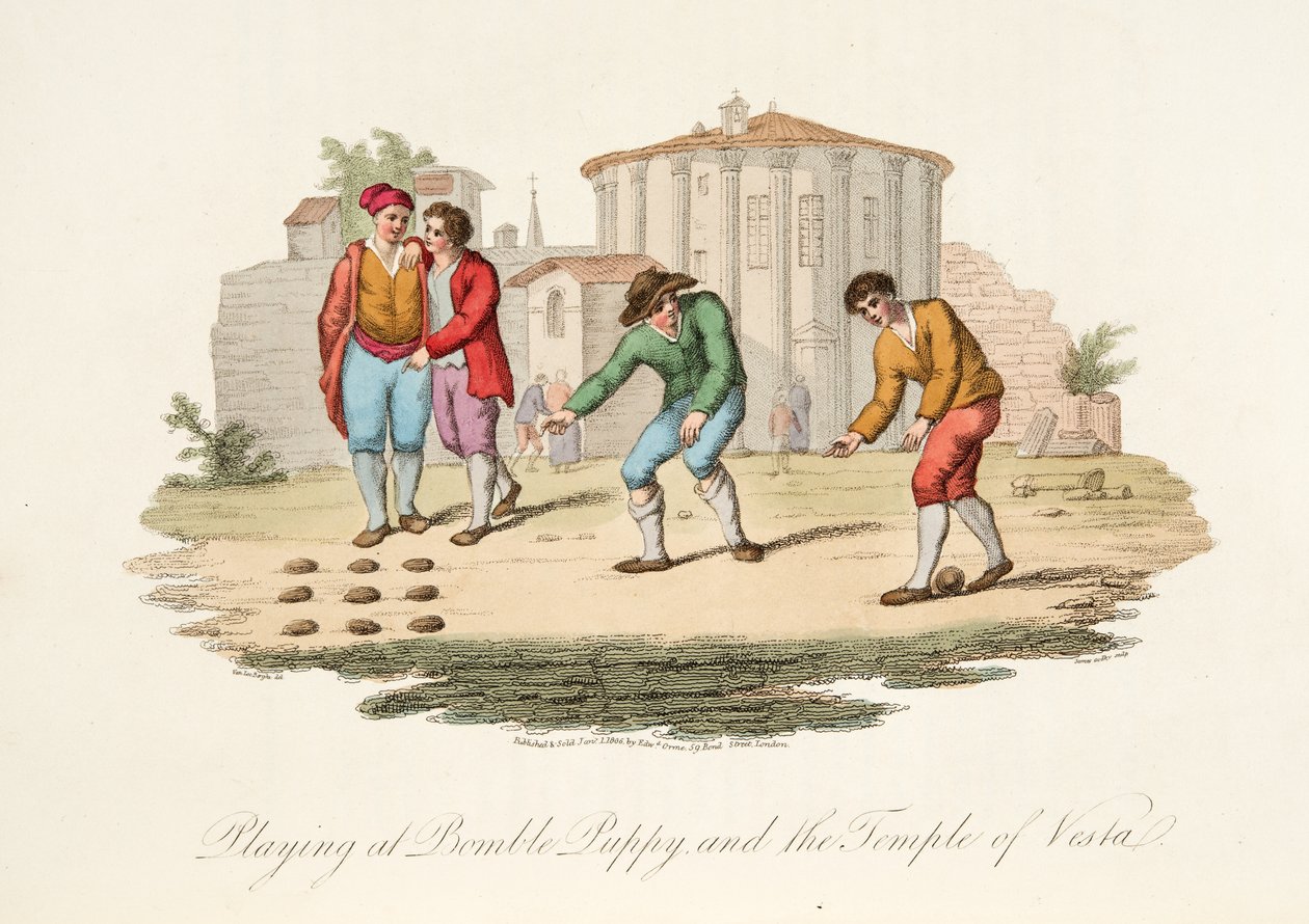Jogando no Bomble Puppy e no Temple of Vest, do cenário italiano, representando as maneiras, costumes e diversões dos diferentes estados da Itália, pub. 1806 (gravura colorida à mão) de after P. van Lerberghi