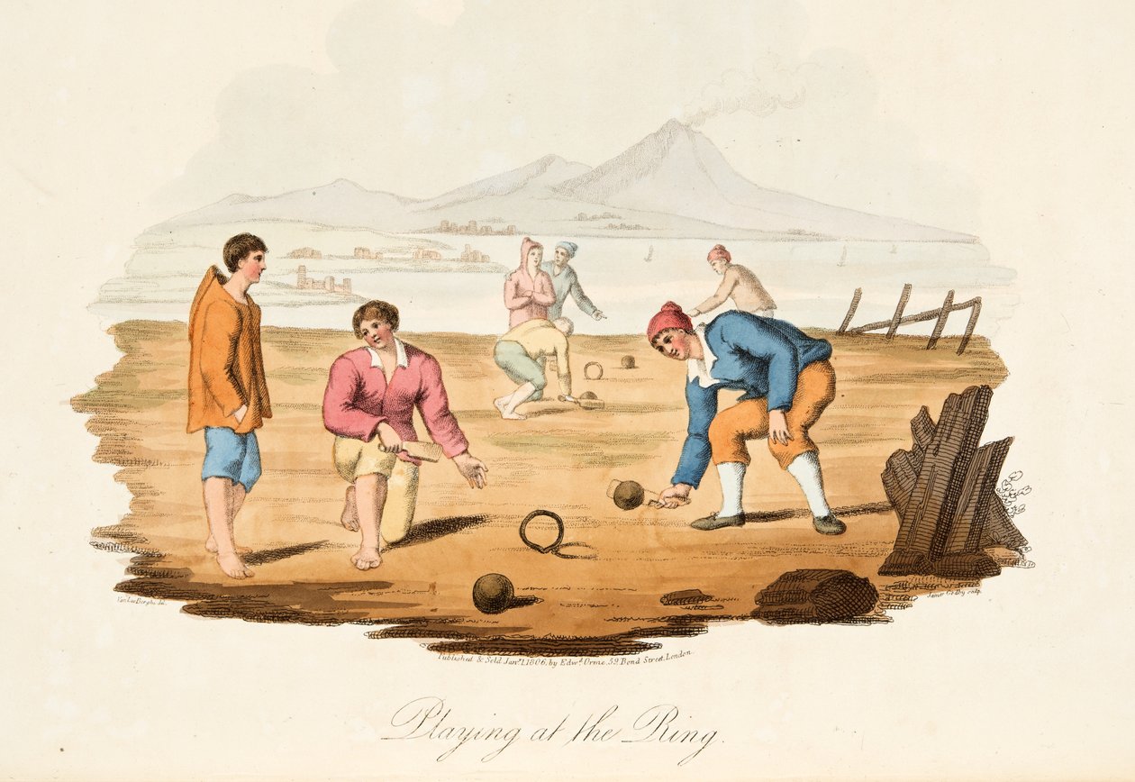 Jogando no ringue, do cenário italiano, representando as maneiras, costumes e diversões dos diferentes estados da Itália, pub. 1806 (gravura colorida à mão) de after P. van Lerberghi