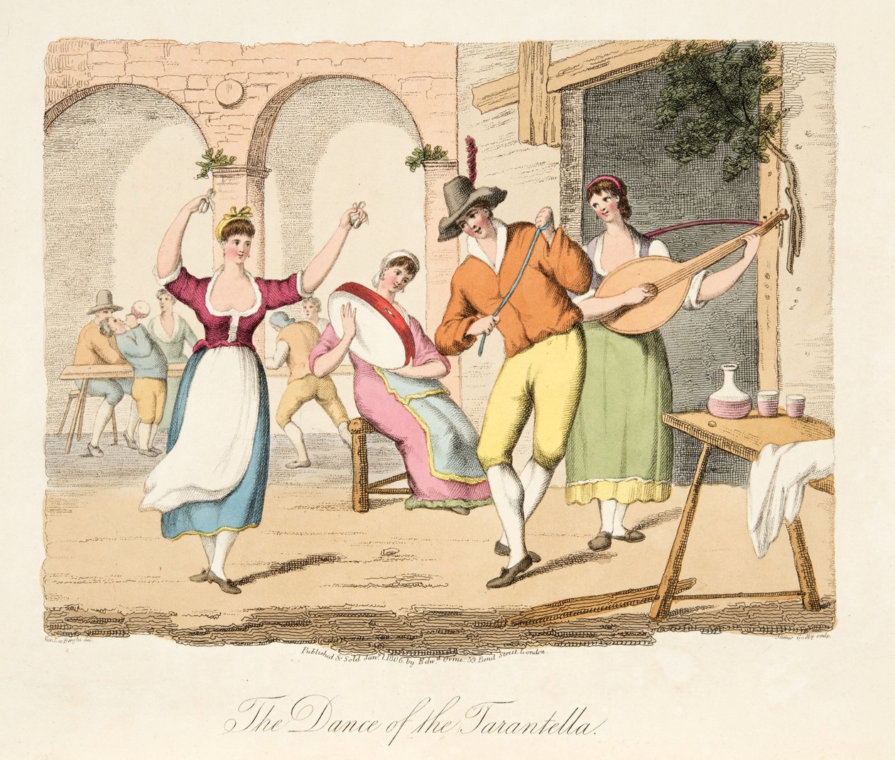 A Dança da Tarantella, do Cenário Italiano, representando as Maneiras, Costumes e Divertimentos dos diferentes Estados da Itália, pub. 1806 (gravura colorida à mão) de after P. van Lerberghi