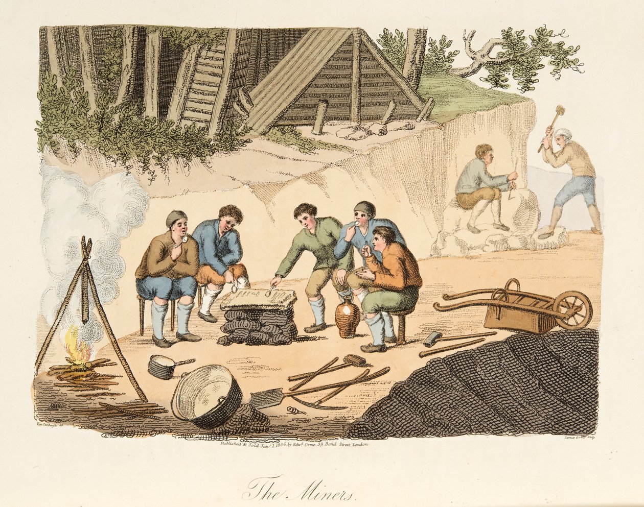 Os Quarrymen de Grisante, do cenário italiano, representando as maneiras, costumes e divertimentos dos estados diferentes de Italy, bar. 1806 (gravura colorida à mão) de after P. van Lerberghi