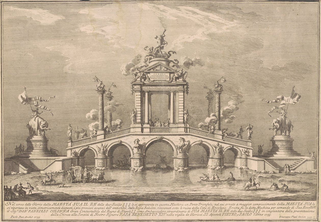 A Prima Macchina para a Chinea de 1755: uma ponte triunfal com antiguidades de Herculano de after Paolo Posi Giuseppe Vasi