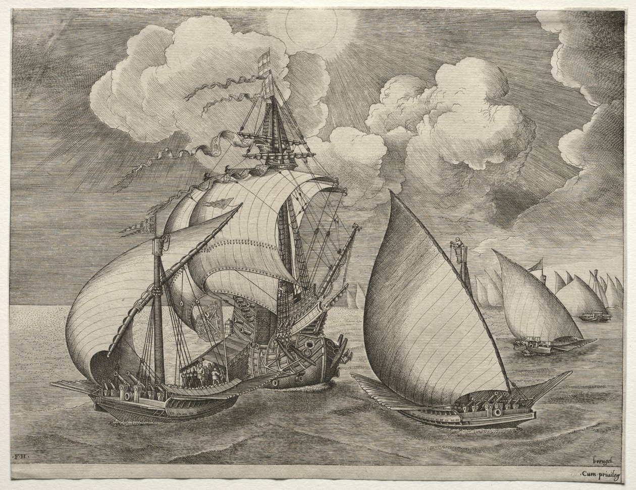 Navios à vela: uma frota de galés escoltados por uma caravela de after Pieter Bruegel