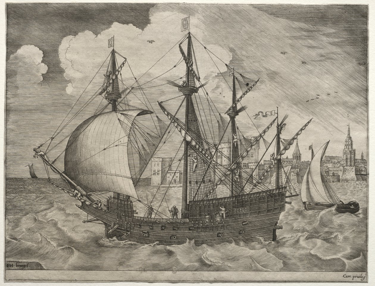 Navios à vela: quatro mestres armados saindo para o mar de after Pieter Bruegel