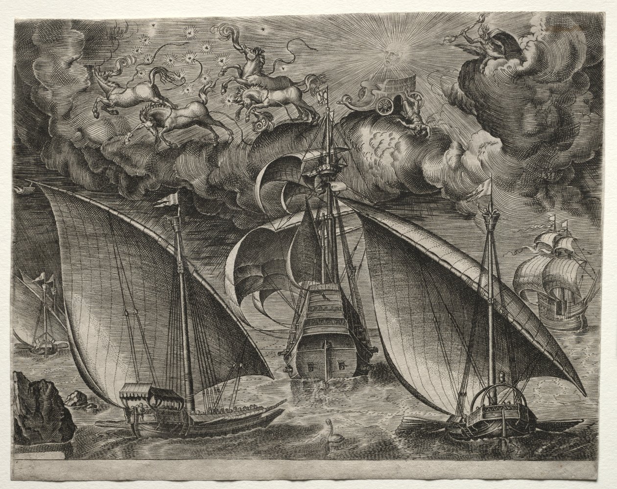 Navios à vela: duas galeras navegando atrás de um três-mestre armado com Phaeton e Júpiter no céu de after Pieter Bruegel