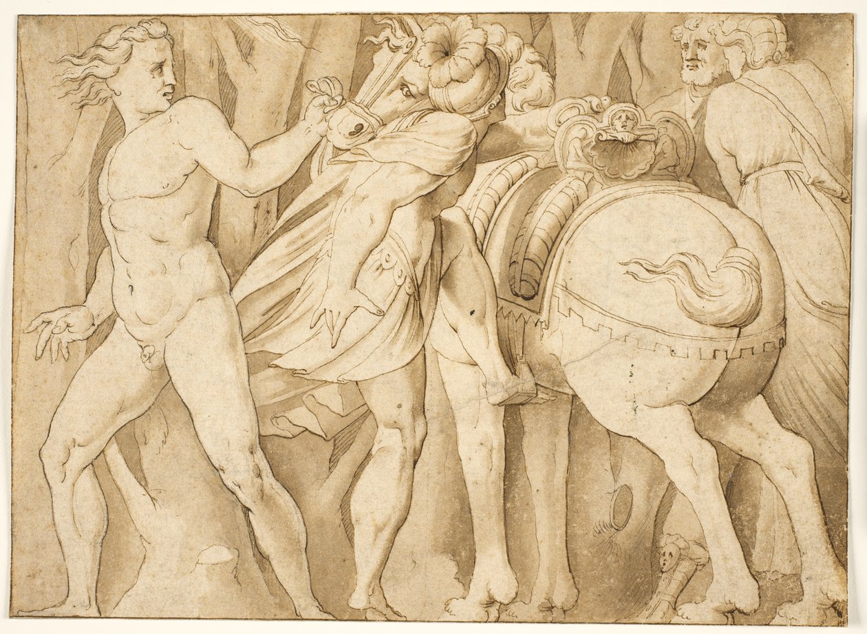 Cena da história romana? Um homem montando um cavalo segurado por um homem nu de after Polidoro da Caravaggio