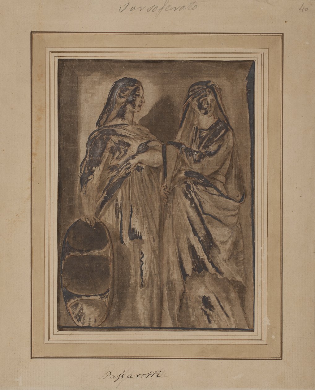 Duas matronas romanas em pé, uma com um escudo de after Polidoro da Caravaggio