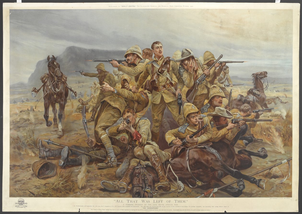 Tudo o que restou deles, 17º lanceiros perto de Modderfontein, 17 de setembro de 1901 (cromolito colorido) de after Richard Caton II Woodville