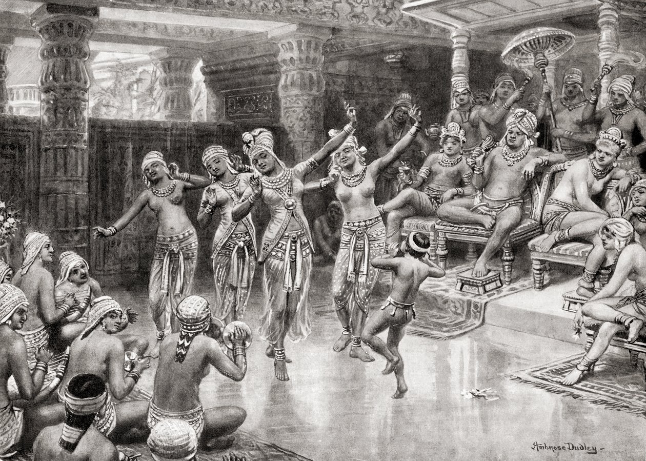Uma impressão de artistas do século XIX de Gautamiputra Satakarani celebrando sua vitória sobre Nahapana, da Hutchinsons History of the Nations, pub.1915 de after Robert Dudley