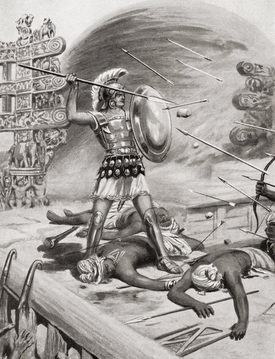 Alexandre, o Grande, lutando contra os Assacani na cidade fortificada de Massaga, Índia, durante sua Campanha Indiana em 326 aC, de Hutchinsons História das Nações, pub.1915 de after Robert Dudley
