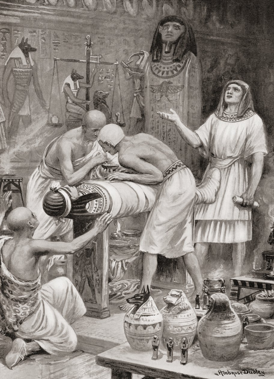 Embalsamar um corpo no antigo Egito, da Hutchinsons História das Nações, pub.1915 de after Robert Dudley