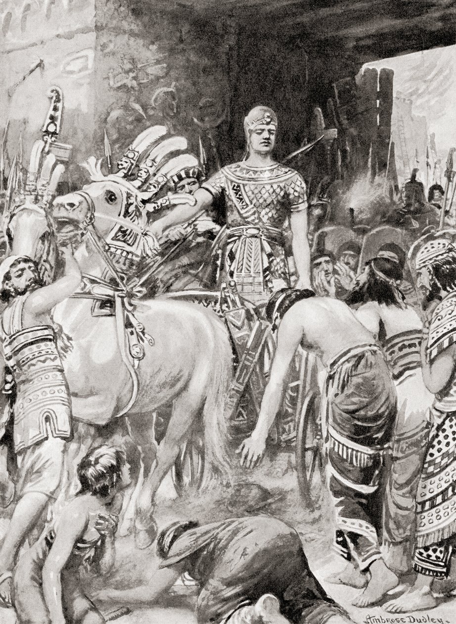 Psamtik I do Egito, entrando na cidade Azotus ou Ashdod, de Hutchinsons História das Nações, pub.1915 de after Robert Dudley